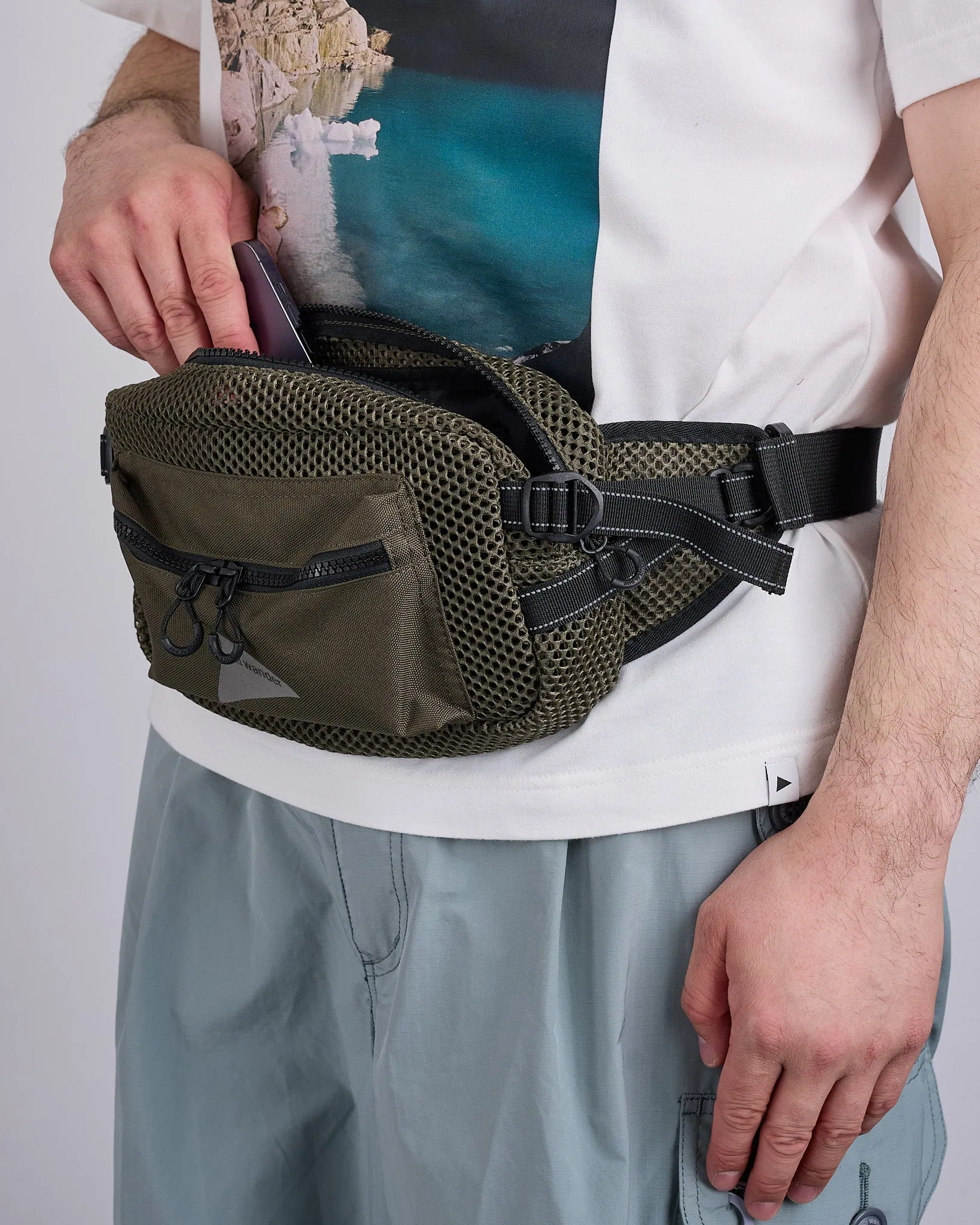 and wander 3D Mesh Waist Bag Khaki