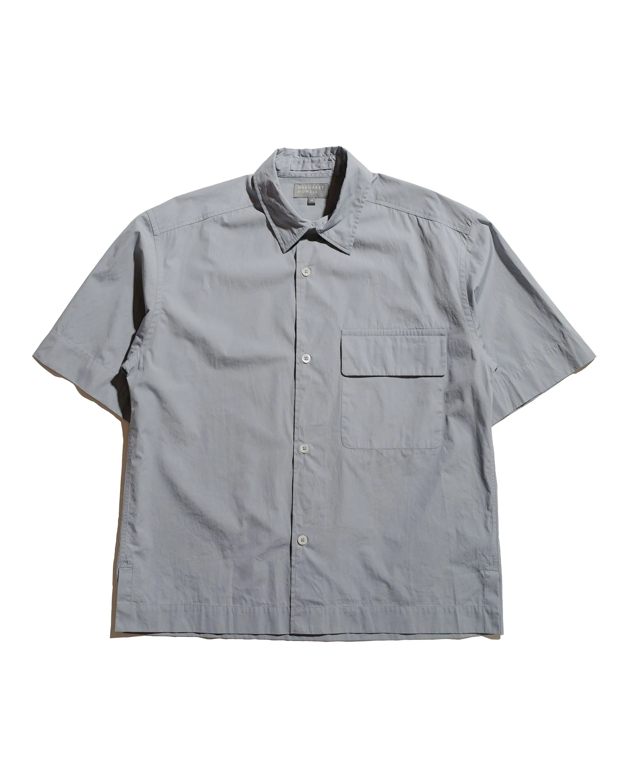 Margaret Howell Short Sleeve Flap Pocket Shirt Compact Cotton Plainweave Pewter