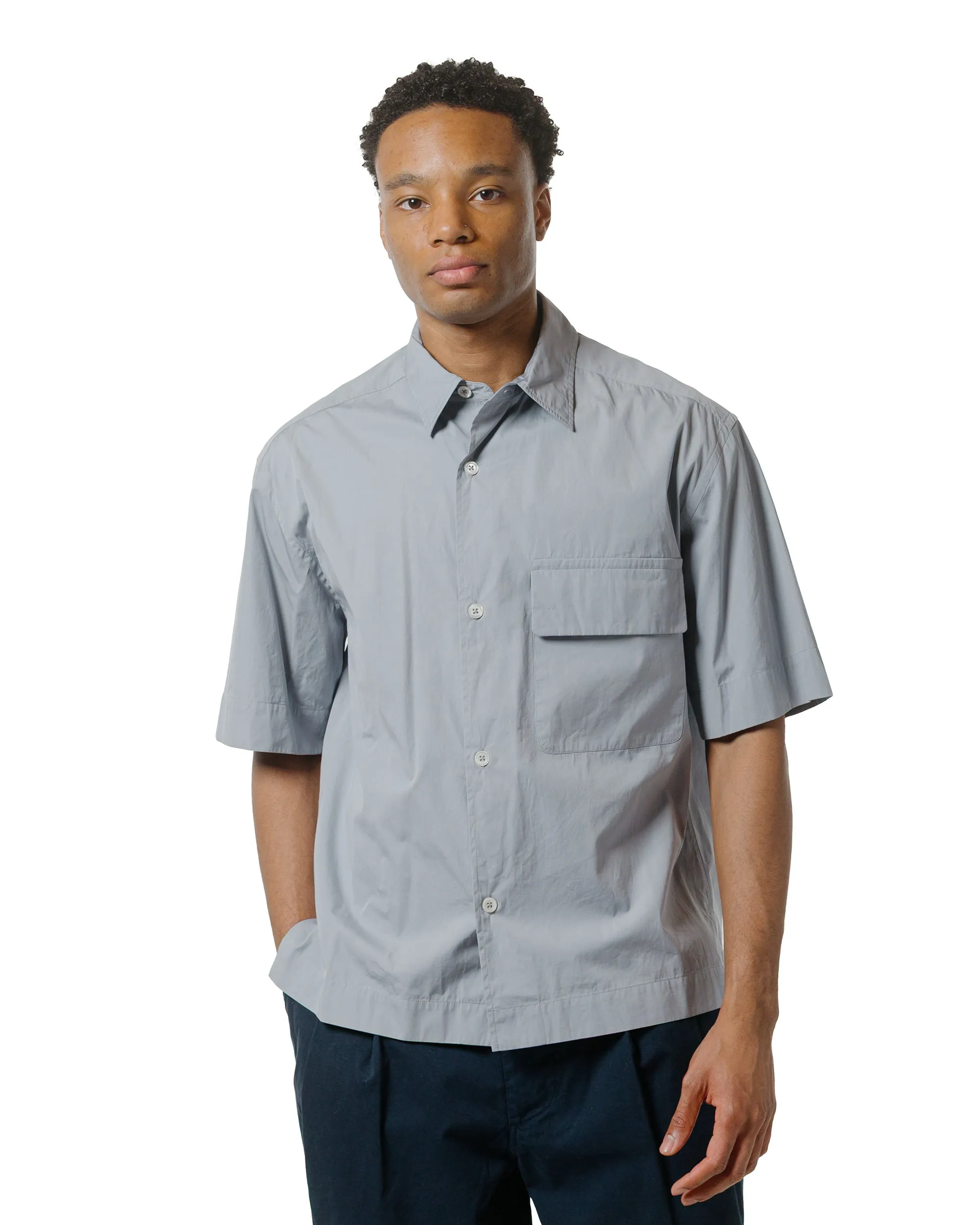 Margaret Howell Short Sleeve Flap Pocket Shirt Compact Cotton Plainweave Pewter