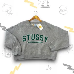 Stussy Grey Cropped Crewneck With Green Embroidered Centre Spellout (M)